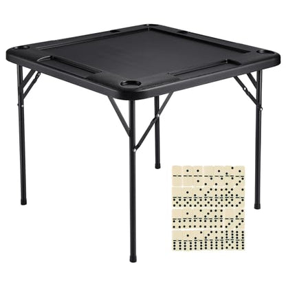 VEVOR Folding Card Table, 4 Player Portable with 4 Cup Holders & Chip Trays, Mahjong Domino Game Set, 35.4 x 35.4-inch, Black - color: Black