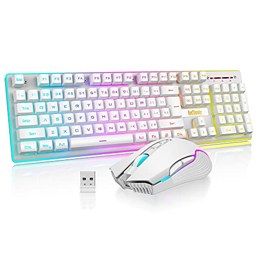 RedThunder K10 Wireless Gaming Keyboard and Mouse Combo, LED Backlit Rechargeable 3800mAh Battery, Mechanical Feel Anti-ghosting Keyboard + 7D 3200DPI Mice for PC Gamer (White) - color: White