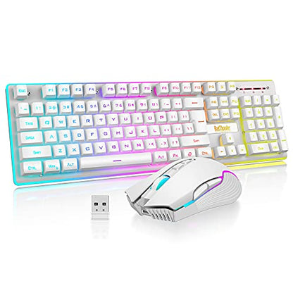 RedThunder K10 Wireless Gaming Keyboard and Mouse Combo, LED Backlit Rechargeable 3800mAh Battery, Mechanical Feel Anti-ghosting Keyboard + 7D 3200DPI Mice for PC Gamer (White) - color: White