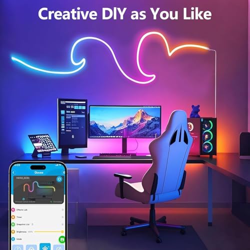 RGBIC Neon Rope Lights, Smart LED Neon Rope Lights with Remote APP Control，Music Sync, Custom DIY Neon Strip Lights for Gaming Room and Wall Decor, Secure Mounting Clips, 32.8ft - size: 32.8FT
