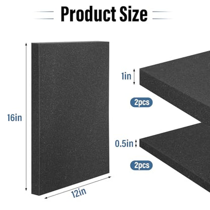 4pcs High Density Packing Foam Sheets, 2 Size Black Polyurethane Foam Padding, Cushioning Foam Inserts for Cases, Shipping, Storage Drawer (2pcs 16" X 12" X 0.5", 2pcs 16" X 12" X 1") - size: 0.5" & 1" Thick