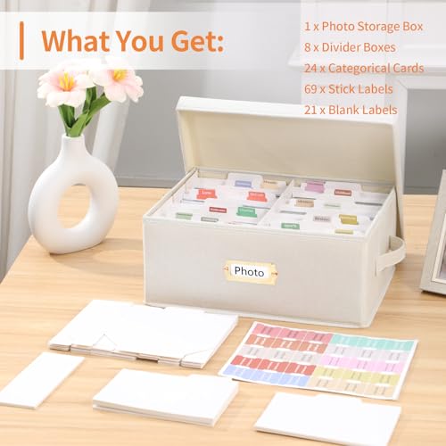 Aokeyee Photo Storage Box Holds 3400+ 4x6 Pictures | Photo Organizer Box | 8 Dividers | 24 Paperboard | with Blank Label - size: 2pc