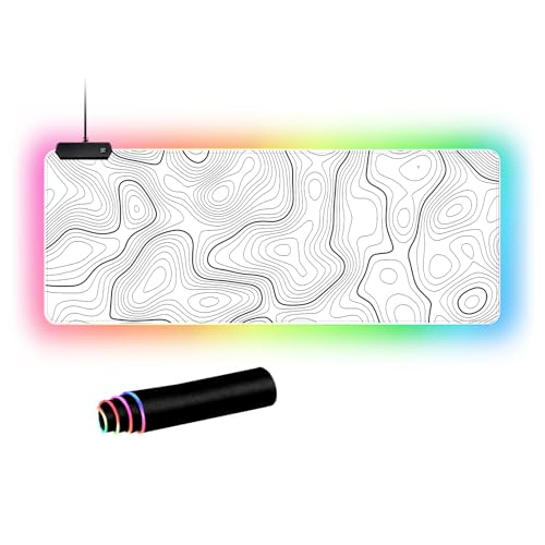 RGB Mouse Pad LED Desk Mat Large Gaming Mousepad White with Black Topographic Line Design, Keyboard Pad XL Mouse Mat for Home and Office(White with Black Topographic Line) - color: White With Black Topographic Line Mousepad With Led Large Mousepad