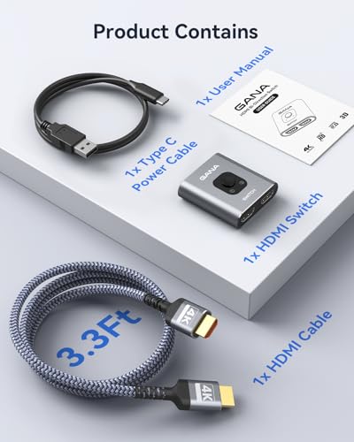 HDMI Switch 4K@60Hz Splitter【with 3FT HDMI Cable】, GANA Aluminum Bidirectional HDMI Switcher 2 in 1 Out, HDMI Hub for 3D, HDR, Compatible with Xbox, PS5/4/3,Fire Stick,Roku,Blu-Ray Player - color: Gray with 3Ft Cable