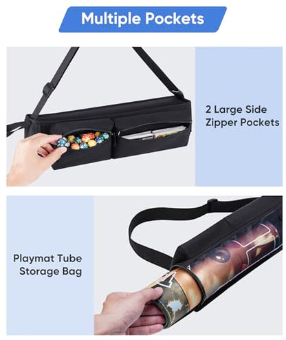 Playmat Tube Fits 14'' or 15'' 1 pcs Playmats, Playmat Case Compatible with TCG/MTG Playmats, Playmat Storage Bag Equipped with SeeThrough Window, 2 Zipper Pockets and Adjustable Shoulder Strap