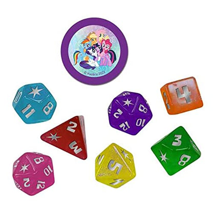 Renegade Game Studios My Little Pony RPG Dice Set - Polyhedral Dice for Tabletop Roleplaying | Official set with d4-d20, two-sided icon coin, and purple velvet storage bag. Compatible with the MLP Roleplaying Game