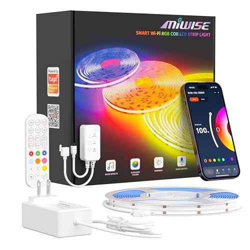 MIWISE RGB COB LED Strip Light 9.84ft/3m,Color Changing Dimmable Strip Light DC24V,Compatible with Alexa/Google Assistant/Tuya Multicolor Flexible Tape Light,for TV,Bedroom,Party DIY Decoration - color: RGB(Kit), size: 9.84ft/3m