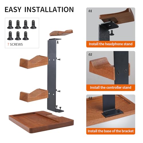 Headset Stand with Gaming Controller Holder, Wood Headphone Stand with Storage Base, Gaming Equipment Accessories for Desk