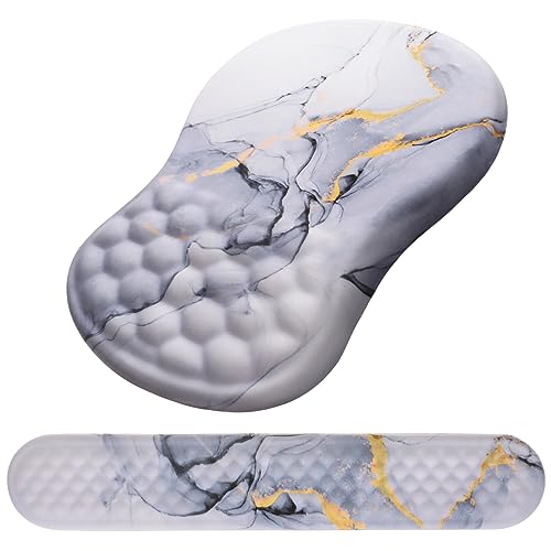 Ergonomic Mouse Pad with Wrist Support and Keyboard Wrist Rest Set | Memory Foam Wrist Cushion, Non-Slip PU Base, Massage Design, Relieves Wrist Pressure for Work, Gaming & Office Use - color: White Gold Gray Marble