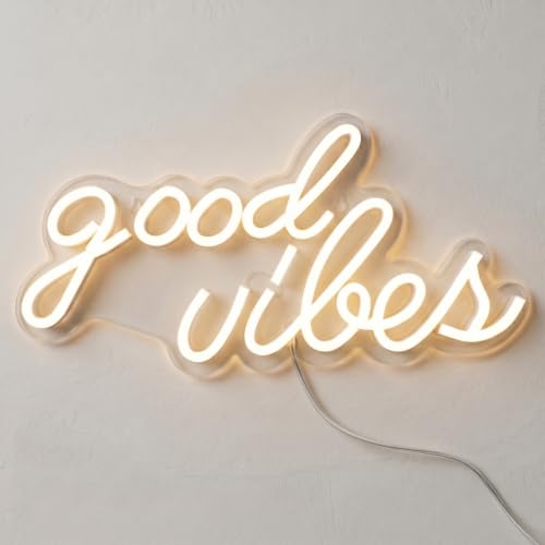 DECANIT Good Vibes Neon Sign Warm White, USB Powered LED Wall Decor | 16.1 x 8.3 in non-dimmable warm white LED sign for living room, wedding, engagement party, or holiday decor - color: White