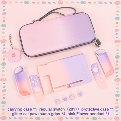DLseego Pink and Purple Switch Case Set Gradient Carrying Case with 10 Slots Cute Protective Dockable Hard Shell with 4PCS Glitter Cat Paw Thumb Grips Caps and 1PC Flower Blossom Chain For Switch 2017 - color: Pink and Purple, size: Switch 1 6.3inch
