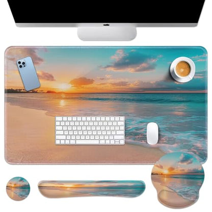 Arttown Summer Ocean Sun Desk Mat Sand Beach Mouse Pad Set 4 in 1 Cloud Sea Wave Ergonomic Design Large Desk Pad + Keyboard Wrist Rest + Mouse Wrist Rest + Coaster Suitable for Home Office Study Game - color: Sunset Beach 2
