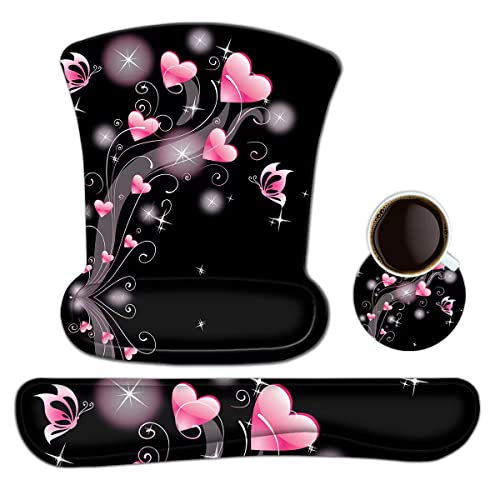 ToLuLu Keyboard Wrist Rest Pad Ergonomic Mouse Pad Set, Cute Mouse Pad for Computer Laptop, Non Slip Mousepad Keyboard Wrist Support with Raised Memory Foam for Easy Typing Pain Relief, Pink Hearts - color: Pink Hearts