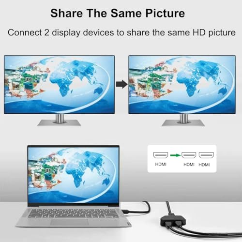 HDMI Splitter 1x2 1080P HDCP 1.4 Compatible with Dual Monitors/TVs/PS5/Xbox - 1 in 2 Out HDMI Duplicator for Mirror Mode, Extended Desktop (2-Pack Black Adapter Cable)