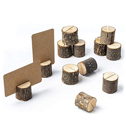 Jofefe 12Pcs Mini Wood Place Card Holders and 24Pcs Kraft Place Cards, Rustic Table Number Holders, Food Labels for Party Buffet, Name Card Photo Picture Holders for Harvest Fall Thanksgiving Wedding Birthday Party