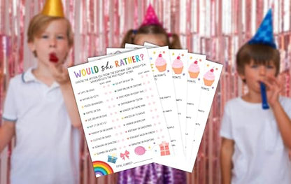Birthday Party Card Games, Colorful Rainbow Ice Cream Pink Bow Themed Would She Rather Game Cards, What’s on Your Phone Games, Fun Sleepover Party Game For Kids Adults, 03 - color: Colorful Who Knows The Birthday Girl Best