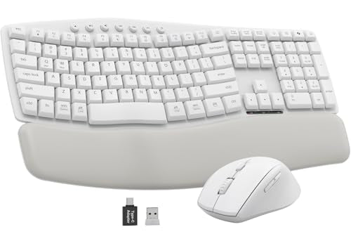 White Wireless Keyboard and Mouse Combo for MacBook & Windows, 30dB Quiet Ergonomic Keyboard Set with Wave Keys & Soft Palm Rest, Silent Typing, Dual-System Switch, Ideal for Home Office—Sablute - color: White