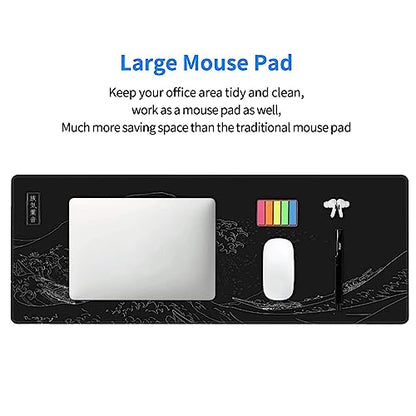 Japanese Gaming Mouse Pad Black Mouse Pad Kanagawa Large Mousepad Non-Slip Rubber Base Waterproof with Stitched Edges for Gaming Office Home, 31.5x11.8 Inch (Black Wave) - color: Kanagawa Wave