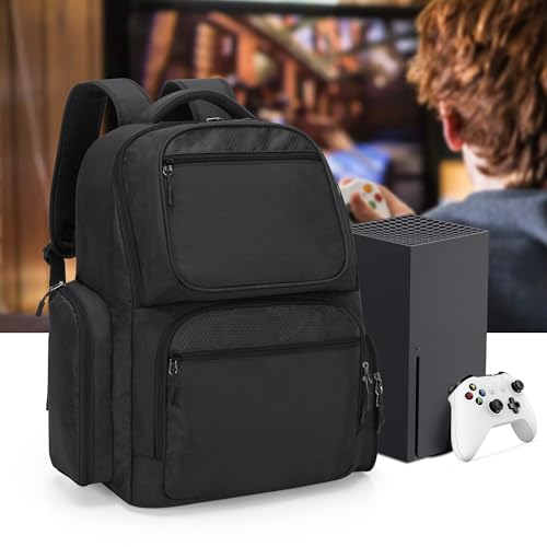 Trunab Backpack Compatible with Xbox Series X/S, Carry Case with Divider | Game Storage Bag Fits 15.6" Laptop, Controller & Cables, Padded Pockets for Gaming Accessories - color: Black Zip