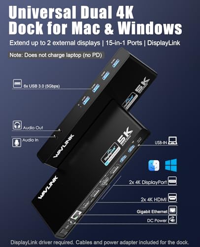 WAVLINK Pro Dual 4K@60Hz Universal Docking Station | USB 3.0/USB-C Laptop Dock for Mac (M1-M5, Neo) & Windows | 2 HDMI/DP, Gigabit Ethernet, USB 3.0 | Home Office & Multi-Screen Productivity. - color: 69DK1