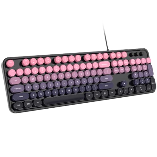 Dilter Wired Retro Typewriter Keyboard, Full Size USB Plug-and-Play Keyboard with Round Keycaps & Numeric Keypad, Comfortable Typing for Windows PC Laptop Home Office - color: Berry Pink