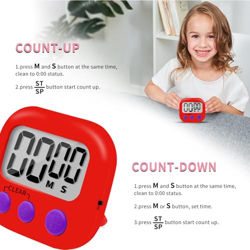 6 Pack Small Digital Kitchen Timer Magnetic Back and ON/Off Switch,Minute Second Count Up Countdown (Red) - color: Red