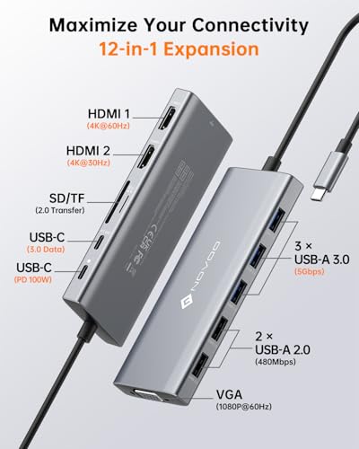 NOVOO USB C Docking Station, 12 in 1 Docking Station Dual Monitor with 2 HDMI, VGA, 5 USB Ports, 100W PD, USB-C Data, SD/TF Card Reader, Compatible with MacBook/Dell/HP/Surface - style: 12-in-1