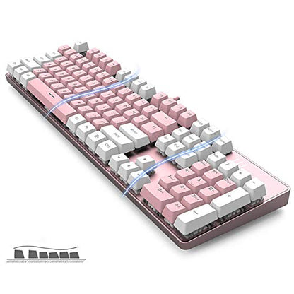 Merdia 104 Keys Full Size Mechanical Keyboard | Blue Switch, Pink & White Color 104 Keys US Layout Led Backlit Hot Swappable Wired Mechanical Light Up Pink Keyboard | Wired Gaming Computer Keyboards - color: Blue Switch Pink & White