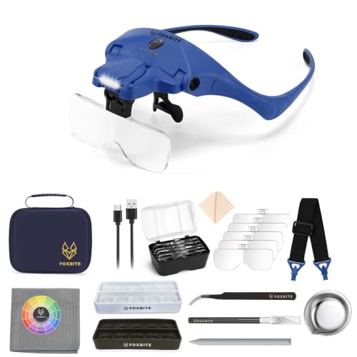 FOXBITE LED Magnifier Glasses for Miniature Painting – 5 Lenses, Dual-Brightness Light, Rechargeable Headset with Glasses or Headband Option – Hobby Tool for Warhammer, D&D, Model Kits