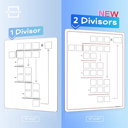 SCRIBBLDO 11”x14” Double-Sided Division Dry Erase Board Math Practice Whiteboard with Boxed Layout 2-Digit Divisors Reusable Learning Tool for Teachers Classrooms Homeschool & Special Education