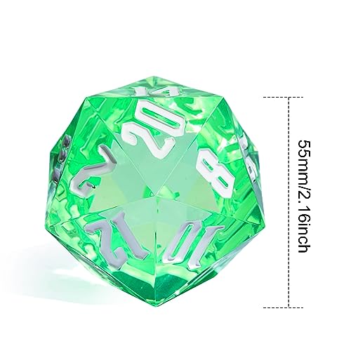 55mm 20 Sided DND Dice, Giant D20 D&D Polyhedral Dice Large D20 with Die Gift Box for Dungeons and Dragons, RPG Table Games (Transparent Green/White Numbers) - color: Transparent Green/White Numbers