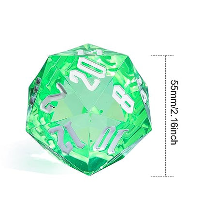 55mm 20 Sided DND Dice, Giant D20 D&D Polyhedral Dice Large D20 with Die Gift Box for Dungeons and Dragons, RPG Table Games (Transparent Green/White Numbers) - color: Transparent Green/White Numbers