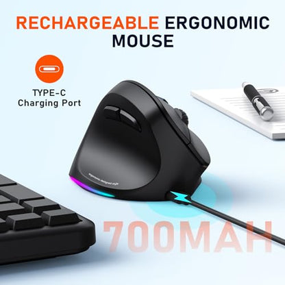 MEETION Left-Handed Wireless Ergonomic Vertical Mouse, Rechargeable - Black | Dual Bluetooth 5.2/3.0 + USB, RGB lighting, 4 adjustable DPI, compatible with Windows, Mac, PC, iPad and tablets - color: Left Black