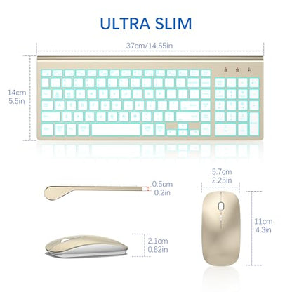 Wireless Backlit Keyboard and Mouse Ultra Slim Combo, TopMate 2.4G Silent Compact 2400DPI Mouse and Scissor Switch Keyboard Set, Batteries Included, for PC/Laptop/Windows/Mac/Gaming - BL Gold White - color: BL Gold White