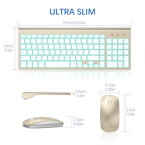 Wireless Backlit Keyboard and Mouse Ultra Slim Combo, TopMate 2.4G Silent Compact 2400DPI Mouse and Scissor Switch Keyboard Set, Batteries Included, for PC/Laptop/Windows/Mac/Gaming - BL Gold White - color: BL Gold White