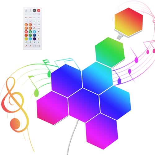 8 Pack RGB Hexagon Led Lights Wall Panels, Music Sync Color Changing Circle Lights, Hexagon Lamp with Remote Control & App Control, Led Shape Hex Light for Bedroom Gamers Decor Milky White