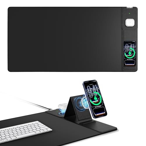 Mouse Pad with Magnetic Wireless Charger & Adjustable Phone Stand | 31.5"x15.8" Full Desk Coverage Mousepad, Waterproof Ultra-Smooth Desk Mat, Non-Slip Base, Black - color: Black-Magnetic Stand-31.5"x15.8"-Right