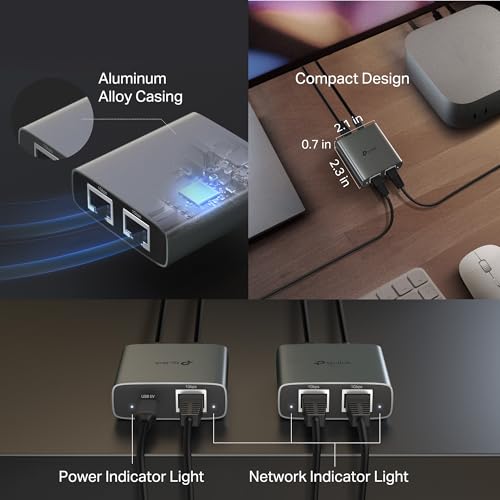 TP-Link Ethernet Splitter 1 to 2, 1000 Mbps High Speed Dual-Port Internet Splitter, Compatible w/ Cat8/7/6/5e/5, USB-C & Ethernet Cables Included, Aluminum Case, Plug and Play for Routers & More EH210 - style: Ethernet Splitter 1 to 2