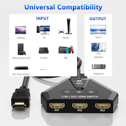 HDMI Switch 3 in 1 Out, 4K@60Hz HDMI Switcher with Gold Plated Ports, Plug & Play, Supports Full HD 1080P 3D Compatible with Roku TV Stick HDTV PS4/PS5 Xbox, Ideal for Home Theater, Gaming, Streaming