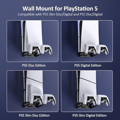 NexiGo PS5 (All Versions) Wall Mount Kit with Charging Station for PS5/PS5 Slim/PS5 Pro Consoles, Regular and DualSense_Edge Controllers, Stable Metal Wall Hanging Stand with LED Indicator - style: All PS5 Versions
