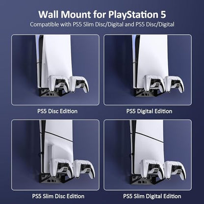 NexiGo PS5 (All Versions) Wall Mount Kit with Charging Station for PS5/PS5 Slim/PS5 Pro Consoles, Regular and DualSense_Edge Controllers, Stable Metal Wall Hanging Stand with LED Indicator - style: All PS5 Versions