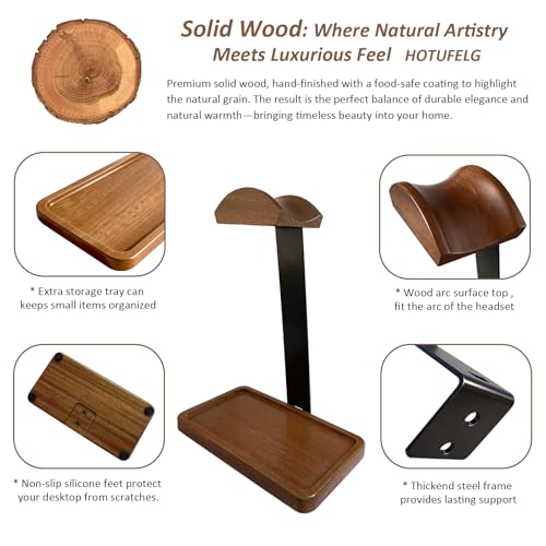 2-in-1 Wood Universal Headphone Stand With Storage Tray And Wood Arc Top | Curved Support Helps Distribute Headband Weight, Storage Base Keeps Keys, Earbuds, And Desk Accessories Within Reach