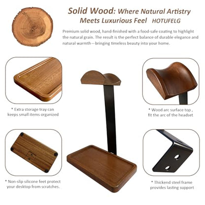 2-in-1 Wood Universal Headphone Stand With Storage Tray And Wood Arc Top | Curved Support Helps Distribute Headband Weight, Storage Base Keeps Keys, Earbuds, And Desk Accessories Within Reach