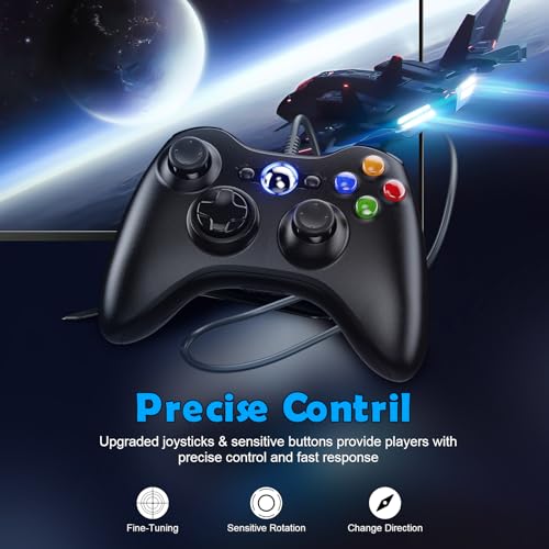 LENISUOLE Black Wired Controller for Xbox 360/Slim, Upgraded Joystick, Dual-Vibration & Voice Function, Compatible with Windows 11/10/8/7 PC - color: deep black