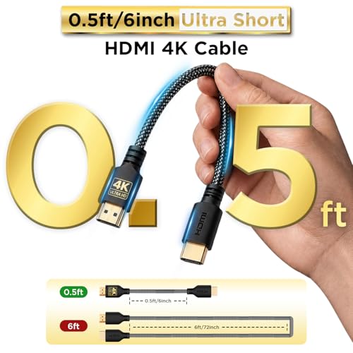 PowerBear 4K HDMI Cable 0.5 ft | Short Hdmi Cable, Braided Nylon & Gold Connectors, 4K @ 60Hz, Ultra HD, 2K, 1080P, ARC & CL3 Rated | for Laptop, Monitor, PS5, PS4, Xbox One, Fire TV, Apple TV & More - size: 0.5ft