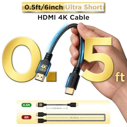PowerBear 4K HDMI Cable 0.5 ft | Short Hdmi Cable, Braided Nylon & Gold Connectors, 4K @ 60Hz, Ultra HD, 2K, 1080P, ARC & CL3 Rated | for Laptop, Monitor, PS5, PS4, Xbox One, Fire TV, Apple TV & More - size: 0.5ft