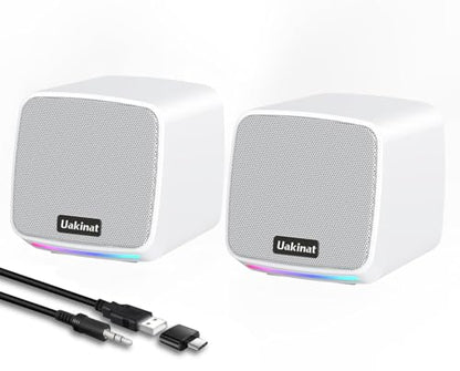 Uakinat Computer Speakers for Desktop PC, USB Powered 3.5mm Aux Speaker for PC, Laptop, Tablet, Phone, Plug and Play with Volume Control, White