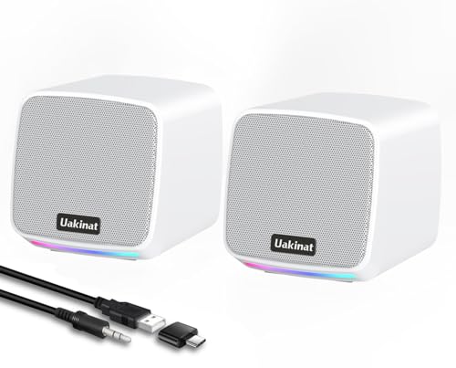 Uakinat Computer Speakers for Desktop PC, USB Powered 3.5mm Aux Speaker for PC, Laptop, Tablet, Phone, Plug and Play with Volume Control, White