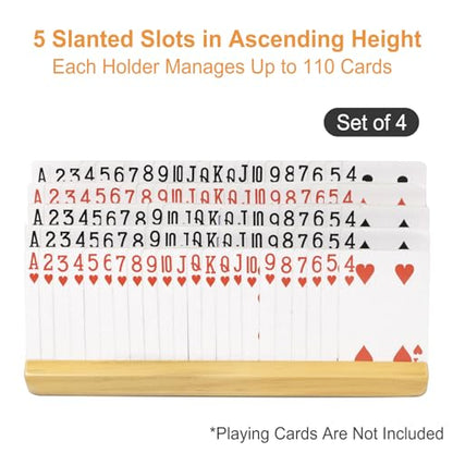 plusvivo Card Holders for Playing Cards with Adjustable Stand Set of 4, Playing Card Holders for Seniors Adults Kids 5 Slots up to 110 Cards, 12" Wooden Card Holder for Canasta Bridge
