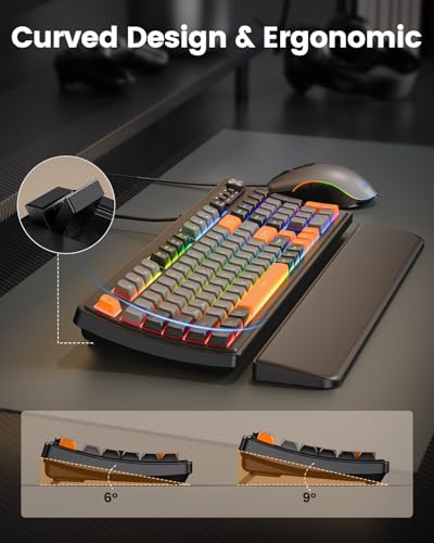 SABLUTE Gaming Keyboard and Mouse, Quiet Membrane with RGB Backlit | PC Gaming Keyboard with Multimedia Knob, Anti-Ghosting, Ergonomic Wrist Rest & 3200 DPI Mouse for Gamer/Office - color: Black-grey